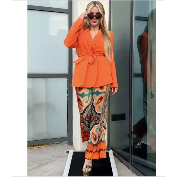ZARA NEW WOMAN SS23 ORANGE FLOWY PRINTED PANTS REF:3098/156 XS,S,M,L,XL